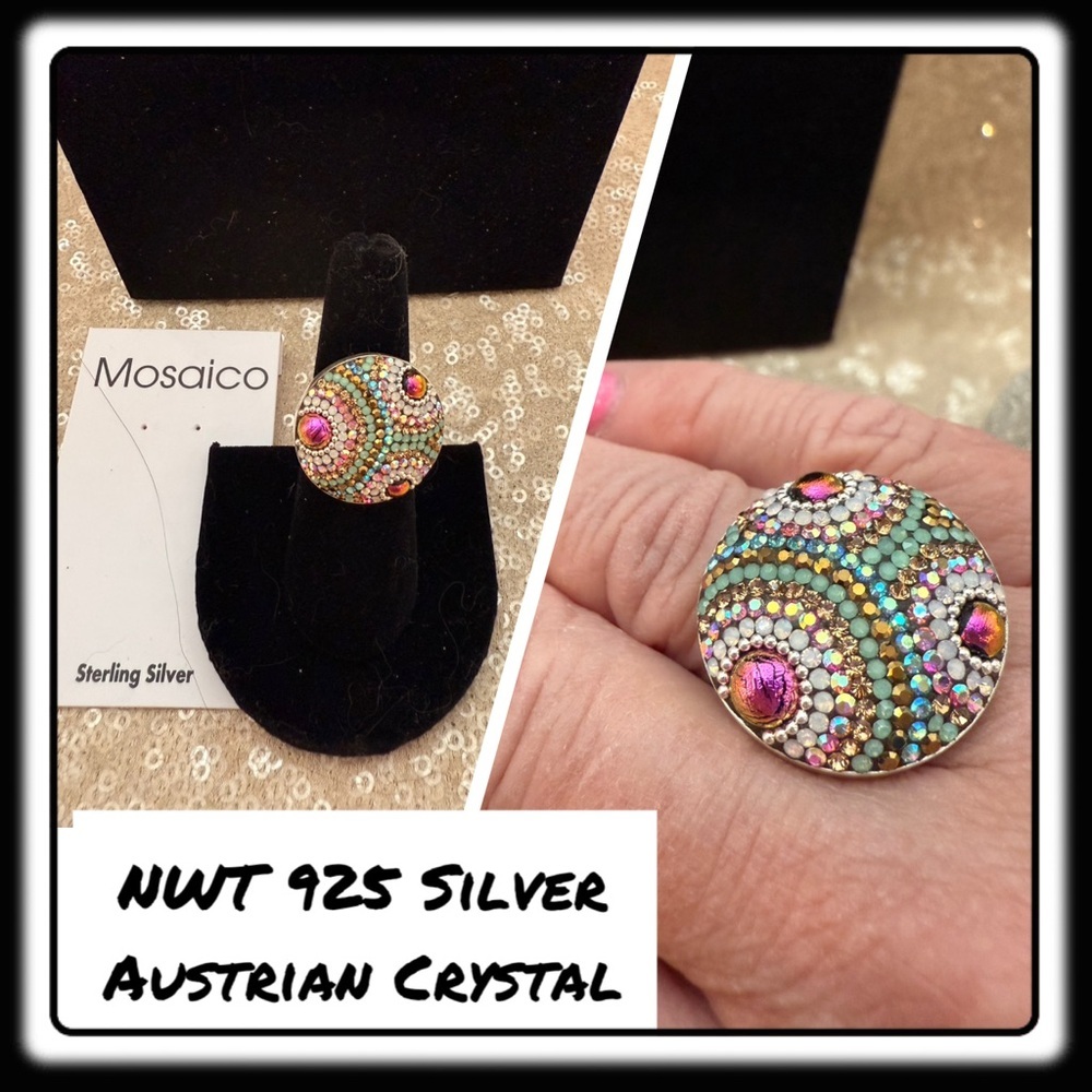 Nwt Gorgeous Austrian Crystal / 925 Silver Adjustable Ring From Mosaico